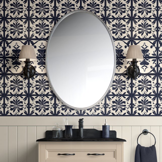 Midnight Bloom Tiles - Navy & Ivory - Traditional Wallpaper (Midnight Floral Tiles Peel and Stick Wallpaper)