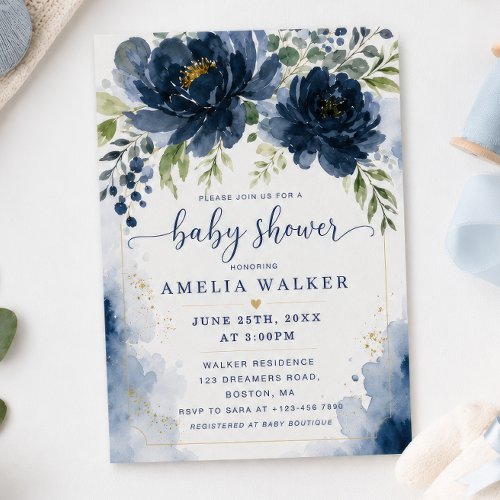 Midnight Bloom Watercolor Navy Baby Shower Invitation