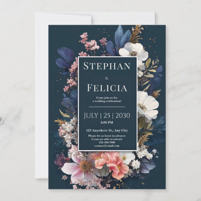 Midnight Blooms Navy Pink Floral Wedding Invitation (Front)