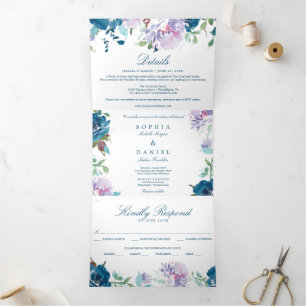 Midnight Blooms Navy Wedding Tri-Fold Invitations