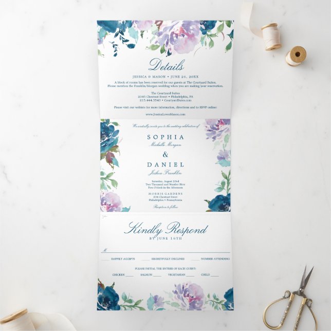 Midnight Blooms Navy Wedding Tri-Fold Invitations (Inside)