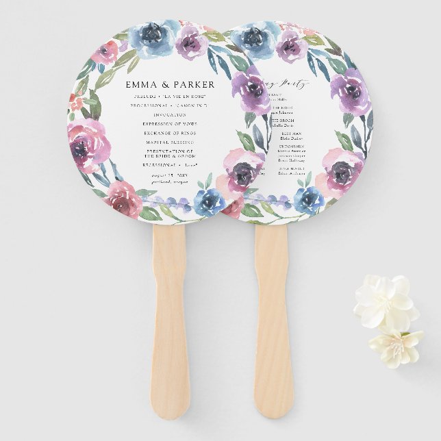 Midnight Blooms | Personalized Wedding Program Hand Fan (Front and Back)