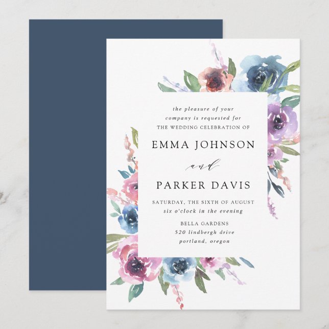 Midnight Blooms | Purple and Blue Floral Wedding Invitation (Front/Back)