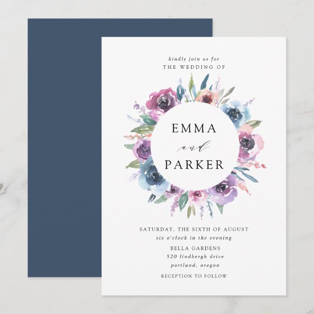 Midnight Blooms | Purple and Blue Floral Wedding Invitation (Front/Back)