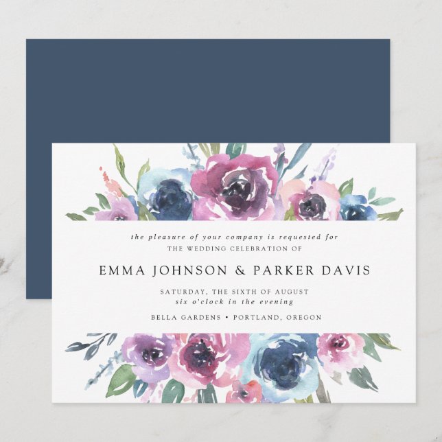 Midnight Blooms | Purple and Blue Floral Wedding Invitation (Front/Back)
