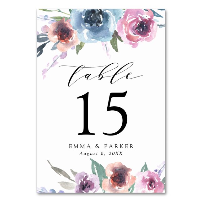 Midnight Blooms | Purple and Blue Floral Wedding Table Number (Front)