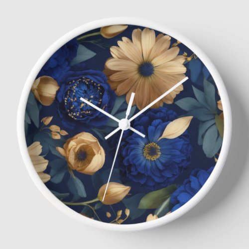 Midnight Blossom Luxurious Dark Blue Flower Wall Clock