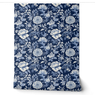 Midnight Blossom Petite - Blue and White Wallpaper