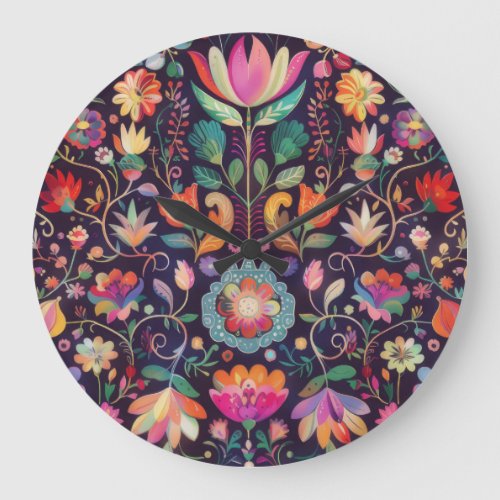 Midnight Blossoms A Floral Symphony of colour Large Clock