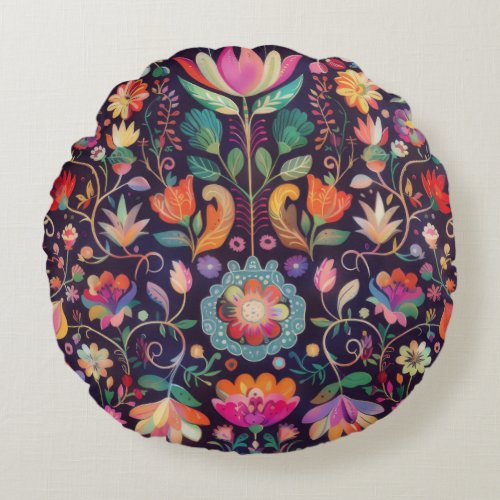 Midnight Blossoms A Floral Symphony of colour Round Pillow