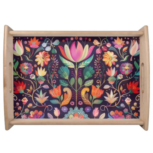 Midnight Blossoms A Floral Symphony of colour Serving Tray
