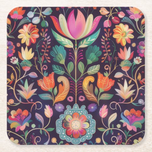 Midnight Blossoms A Floral Symphony of colour Square Paper Coaster
