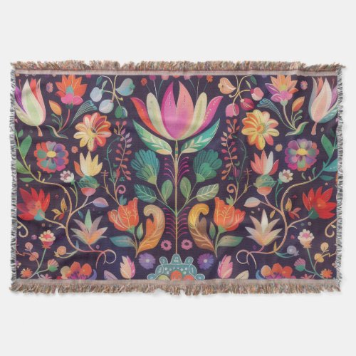 Midnight Blossoms A Floral Symphony of colour Throw Blanket