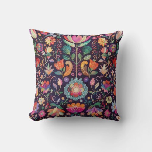 Midnight Blossoms A Floral Symphony of colour Throw Pillow
