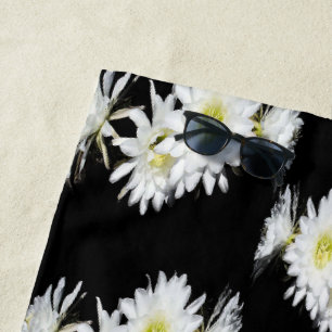 Midnight Blossoms: White Cactus Flowers On Black Beach Towel
