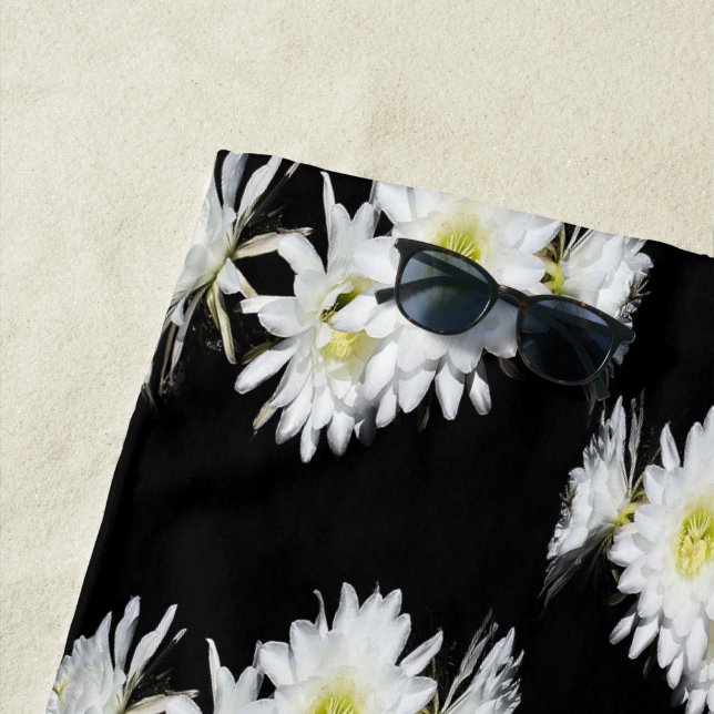 Midnight Blossoms: White Cactus Flowers On Black Beach Towel (In Situ)