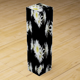 Midnight Blossoms: White Cactus Flowers On Black Wine Box