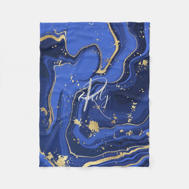 Midnight Blue Agate Monogram Luxury Style Fleece Blanket (Front)