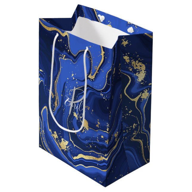 Midnight Blue Agate Swirls Custom Monogram Medium Gift Bag (Front Angled)