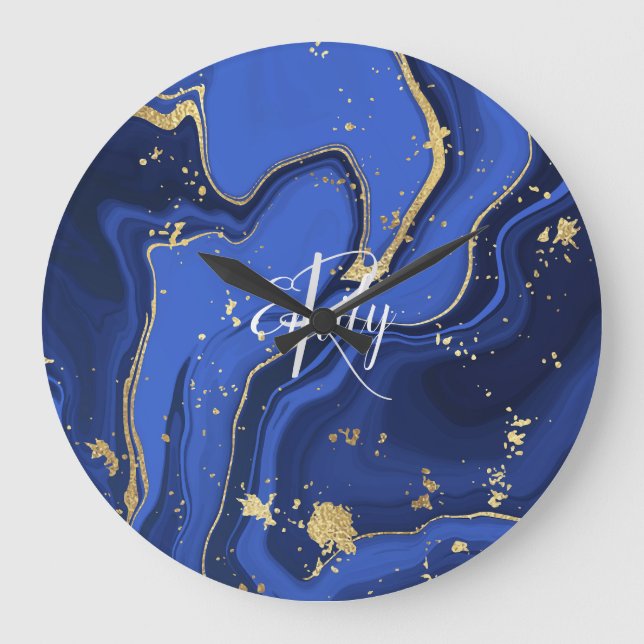 Midnight Blue Agate Swirls Monogram Clock (Front)