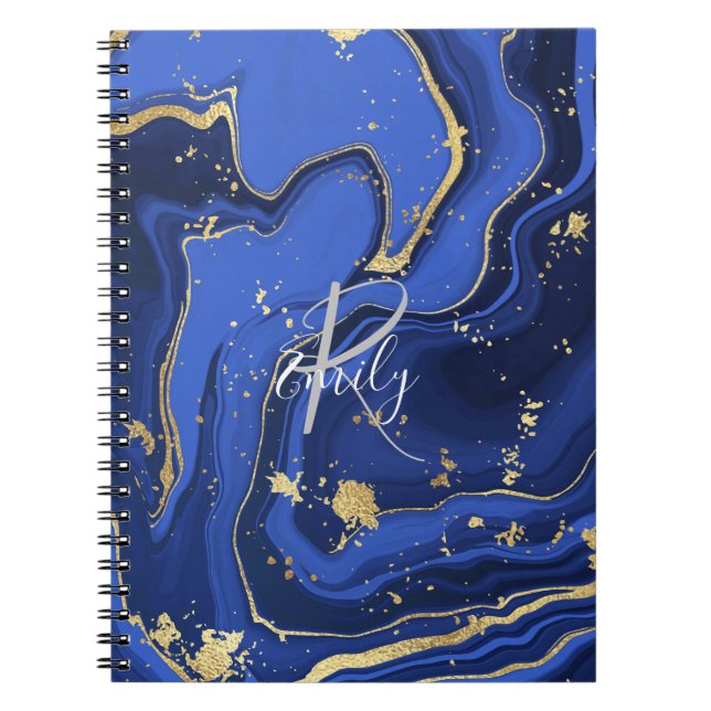 Midnight Blue Agate Swirls Monogram Notebook (Front)