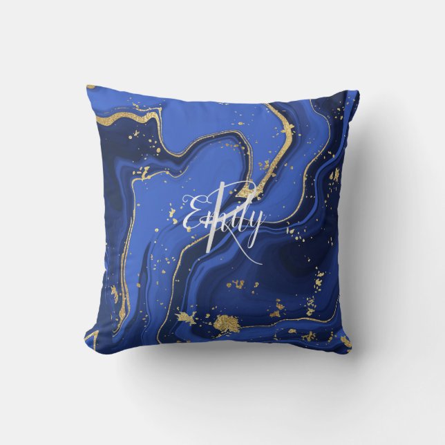 Midnight Blue Agate Swirls Monogram Pillow (Front)