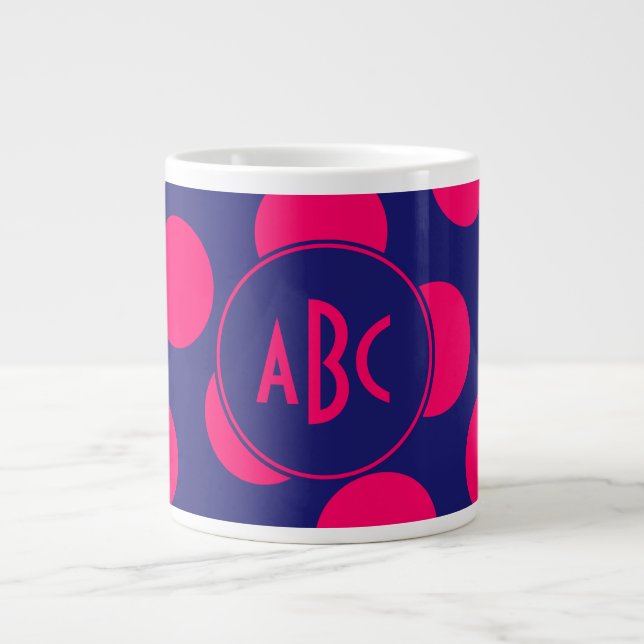 Midnight Blue and Bright Pink Dot Monogram Giant Coffee Mug (Front)