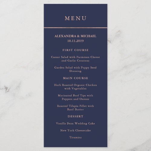 Midnight Blue and Faux Rose Gold Border Menu