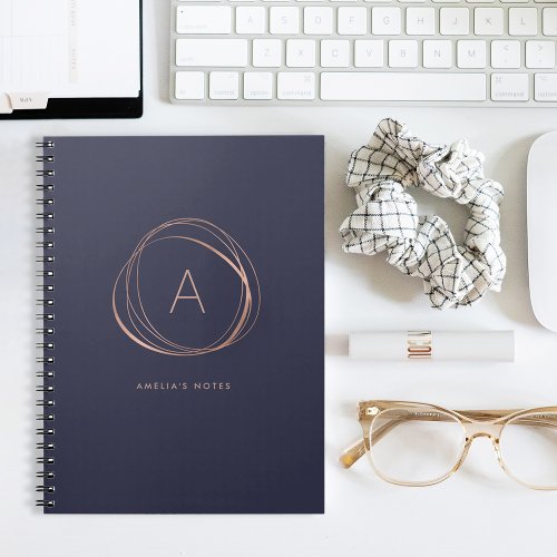 Midnight Blue and Faux Rose Gold Monogram Notebook