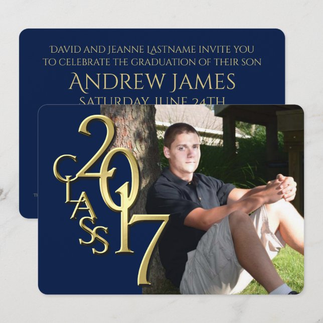 Midnight Blue and Gold 2017 Photo Graduation Invitation (Front/Back)
