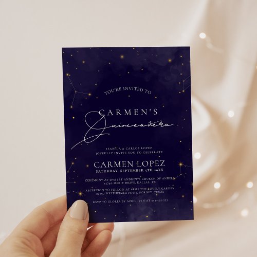 Midnight Blue and Gold Celestial Quinceanera Invitation