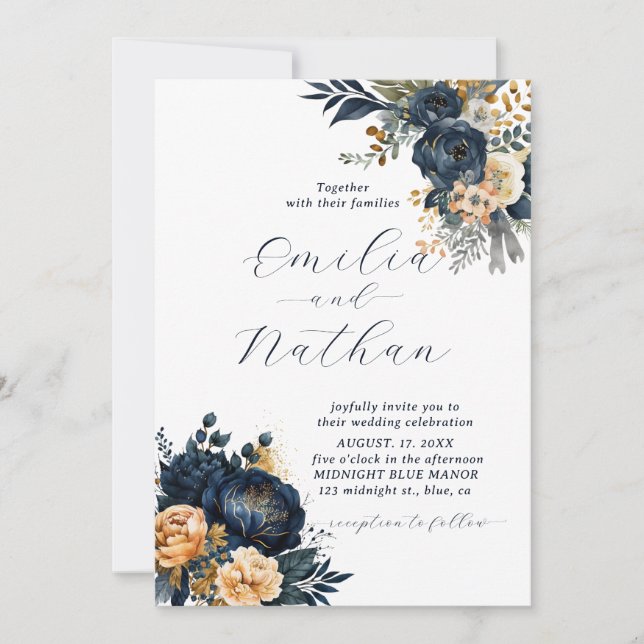Midnight Blue and Gold Floral Wedding Invitation (Front)