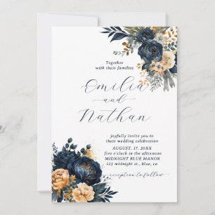 Midnight Blue and Gold Floral Wedding Invitation
