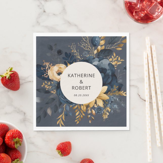 Midnight Blue and Gold Floral Wedding Paper Napkins (Insitu)