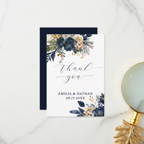 Midnight Blue and Gold Flowers Wedding Thank You Card