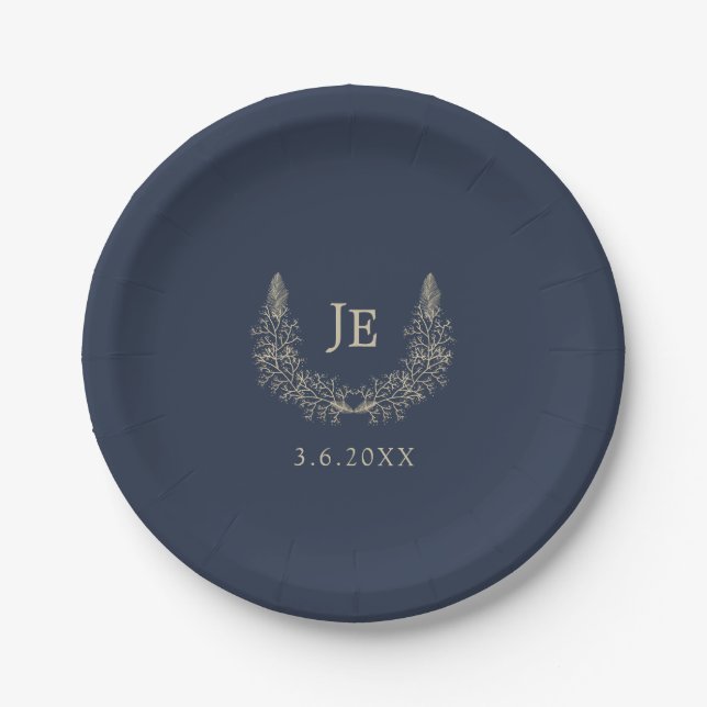 Midnight Blue and Gold Initials Wedding Paper Plates (Front)