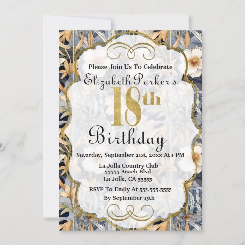 Midnight Blue and Ivory Floral 18th Birthday Invitation