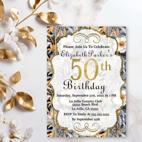 Midnight Blue and Ivory Floral 50th Birthday Invitation