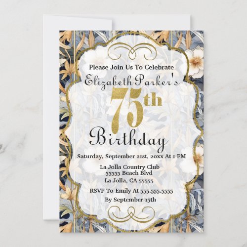 Midnight Blue and Ivory Floral 75th Birthday Invitation