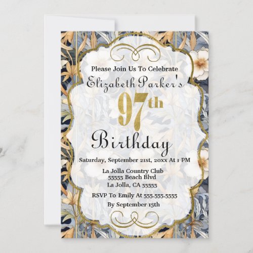 Midnight Blue and Ivory Floral 97th Birthday Invitation