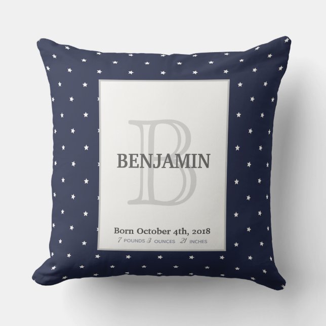 Midnight Blue and Monogram Birth Stats Keepsake Throw Pillow (Front)
