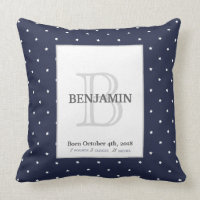 Midnight Blue and Monogram Birth Stats Keepsake Throw Pillow