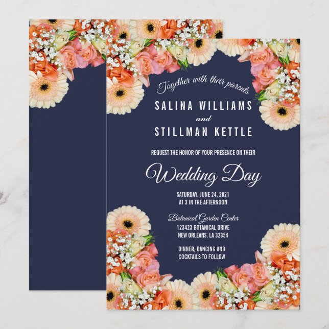 Midnight Blue and Orange Floral Wedding Invitation (Front/Back)