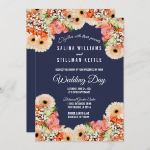 Midnight Blue and Orange Floral Wedding Invitation