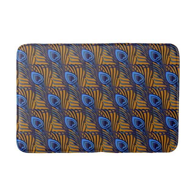Midnight blue and orange peacock feather pattern bathroom mat (Front)