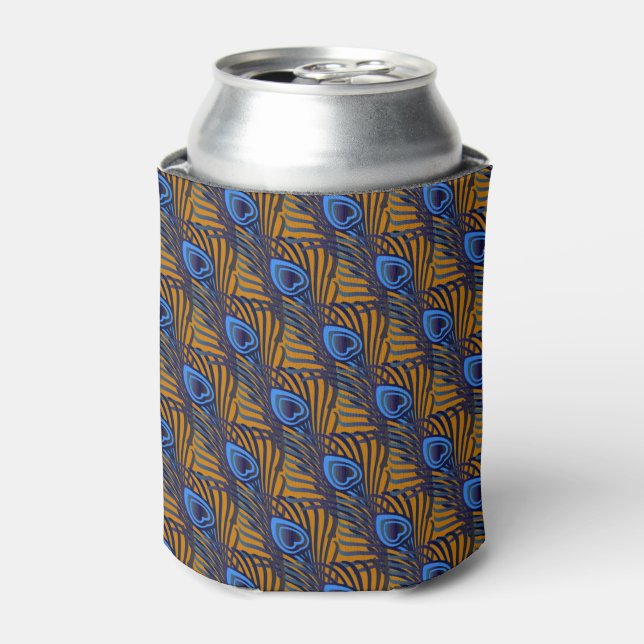 Midnight blue and orange peacock feather pattern can cooler (Can Front)