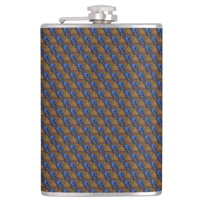 Midnight blue and orange peacock feather pattern flask (Front)