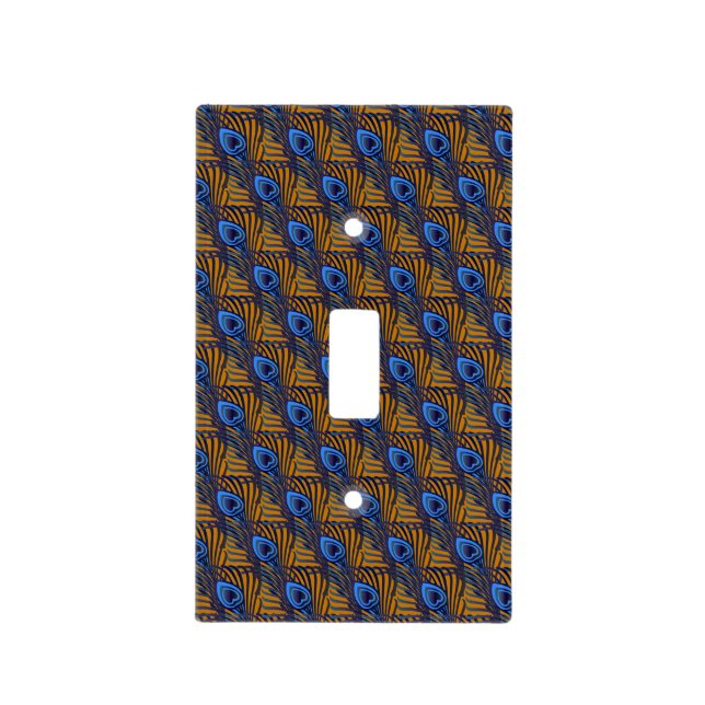 Midnight blue and orange peacock feather pattern light switch cover (Front)