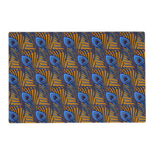 Midnight blue and orange peacock feather pattern placemat