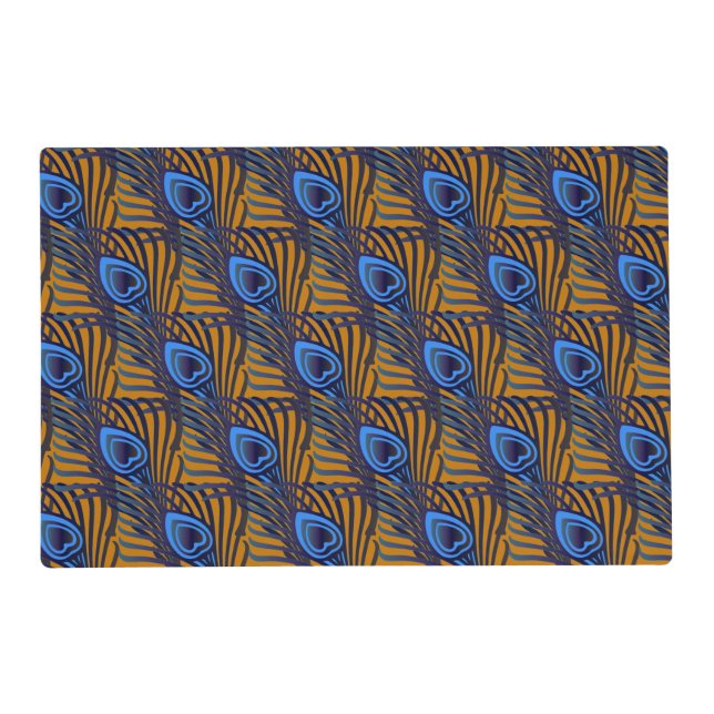 Midnight blue and orange peacock feather pattern placemat (Front)